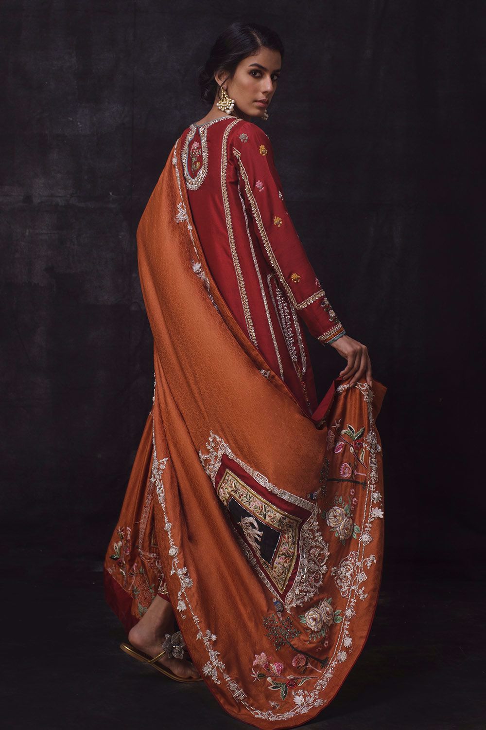 Red Maroon Zardozi Raw Silk Kali Kurta (2-Piece) - Image 2