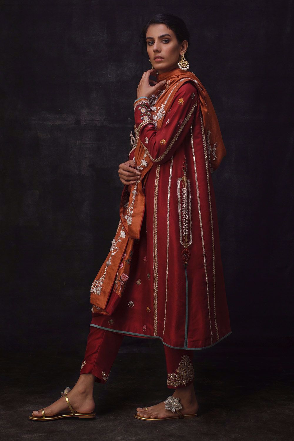 Red Maroon Zardozi Raw Silk Kali Kurta (2-Piece) - Image 4