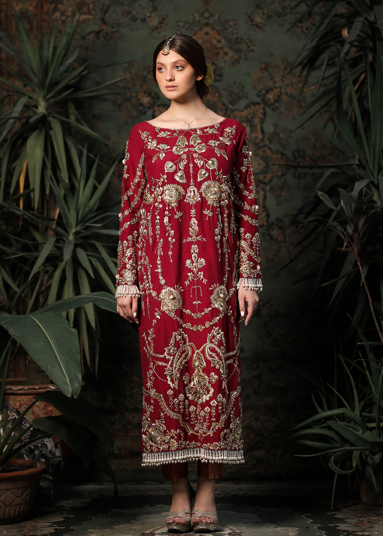 Pakistani Ox Blood Embroidered Raw Silk Salwar Kameez (3-Piece) - Image 1