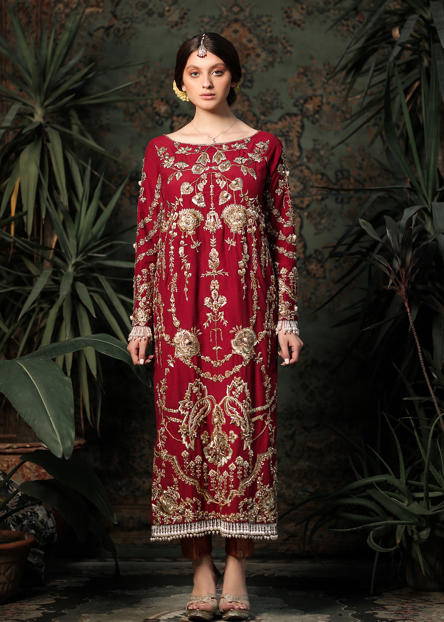 Pakistani Ox Blood Embroidered Raw Silk Salwar Kameez (3-Piece) - Image 2