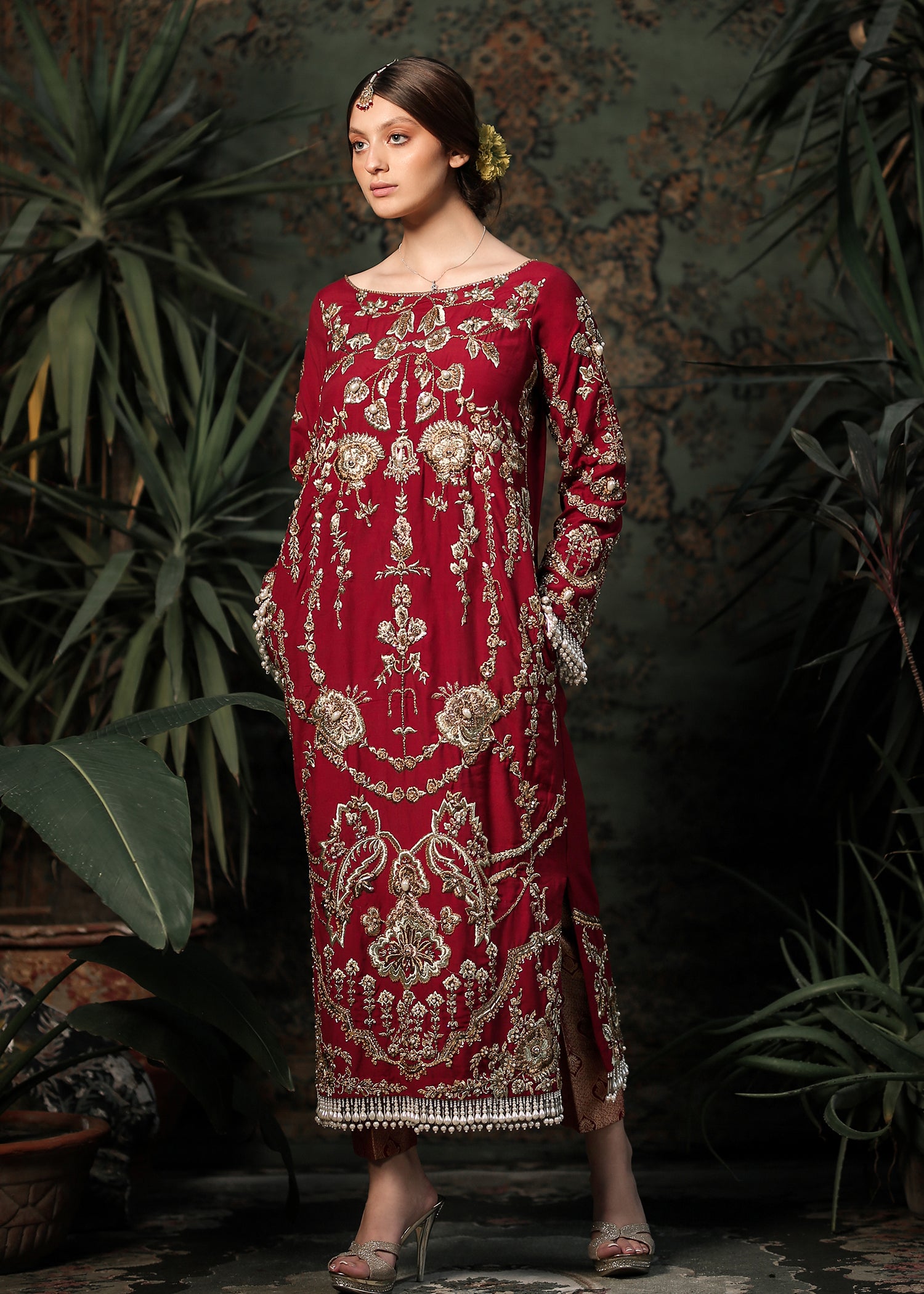 Pakistani Ox Blood Embroidered Raw Silk Salwar Kameez (3-Piece) - Image 4