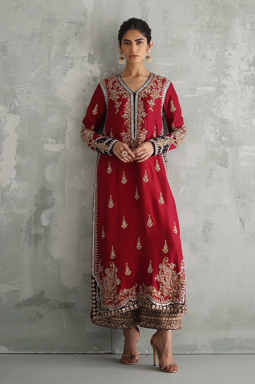 Maroon Zardozi & Gota Raw Silk Salwar Kameez (3-Piece) - Image 1