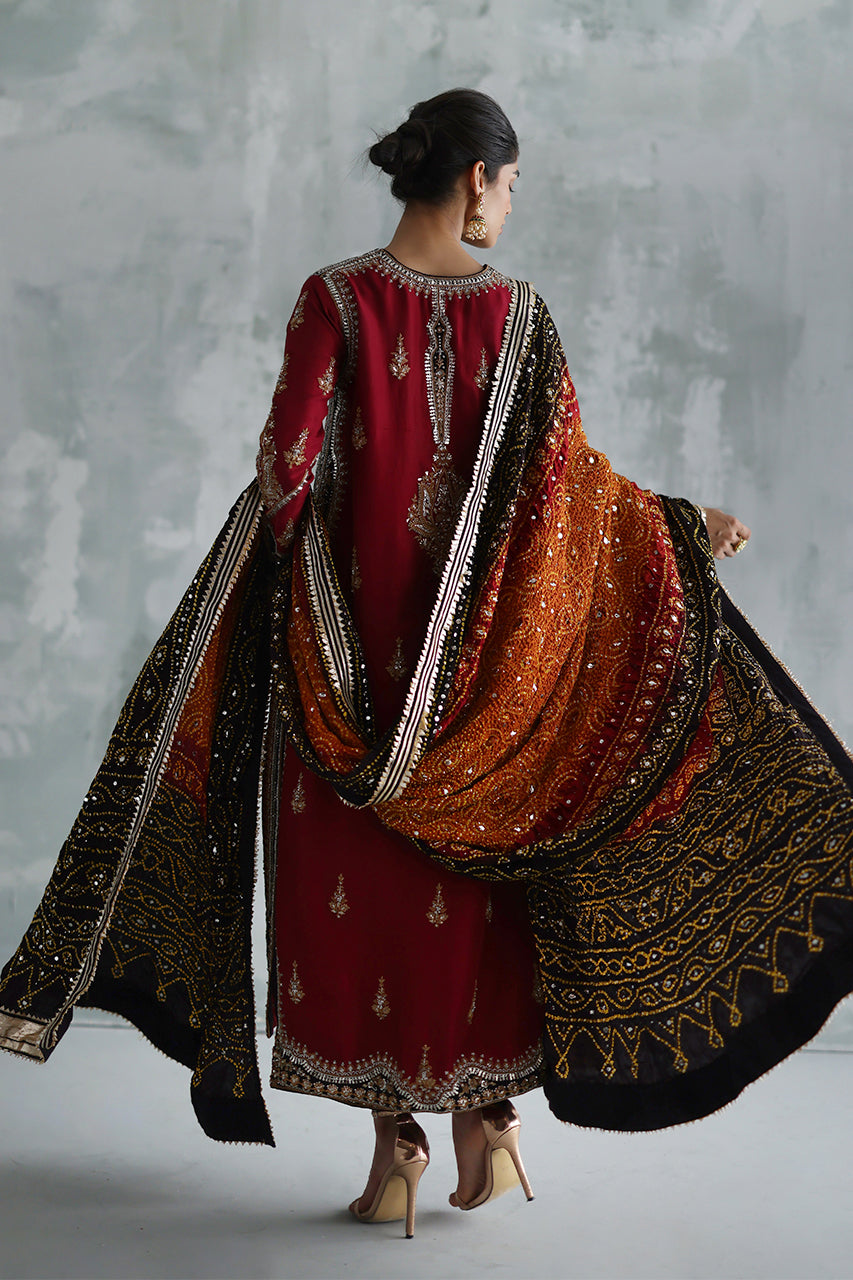 Maroon Zardozi & Gota Raw Silk Salwar Kameez (3-Piece) - Image 2