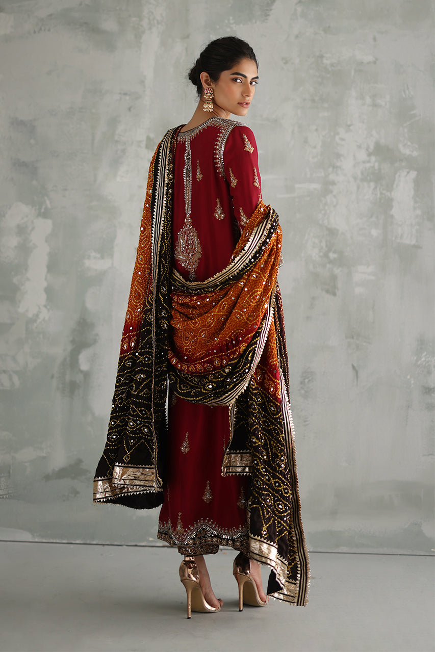 Maroon Zardozi & Gota Raw Silk Salwar Kameez (3-Piece) - Image 6