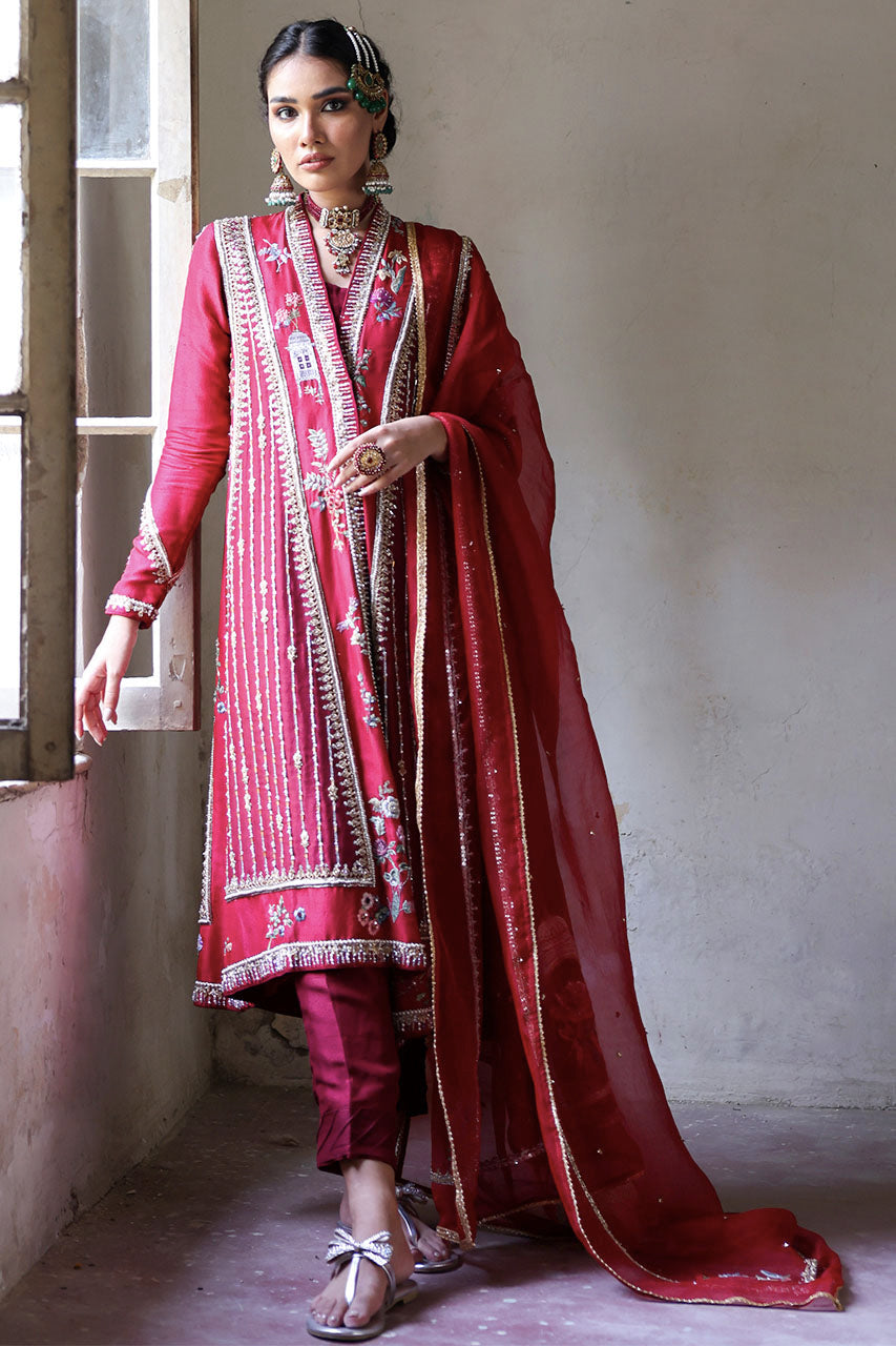Red Maroon Zardozi Raw Silk Chogha (3-Piece) - Image 1