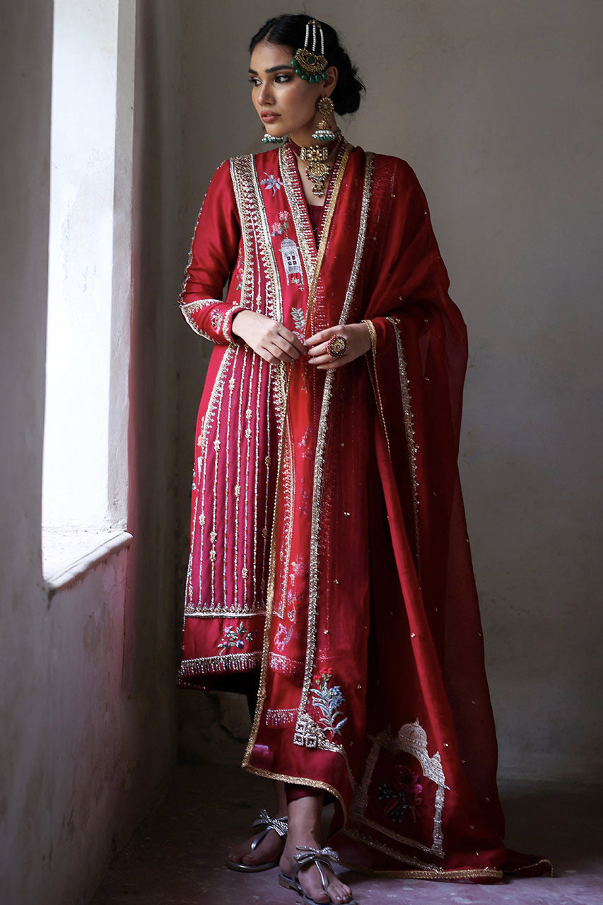 Red Maroon Zardozi Raw Silk Chogha (3-Piece) - Image 2