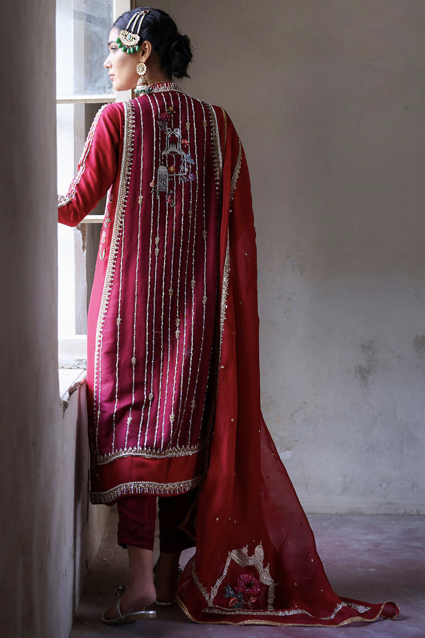 Red Maroon Zardozi Raw Silk Chogha (3-Piece) - Image 3
