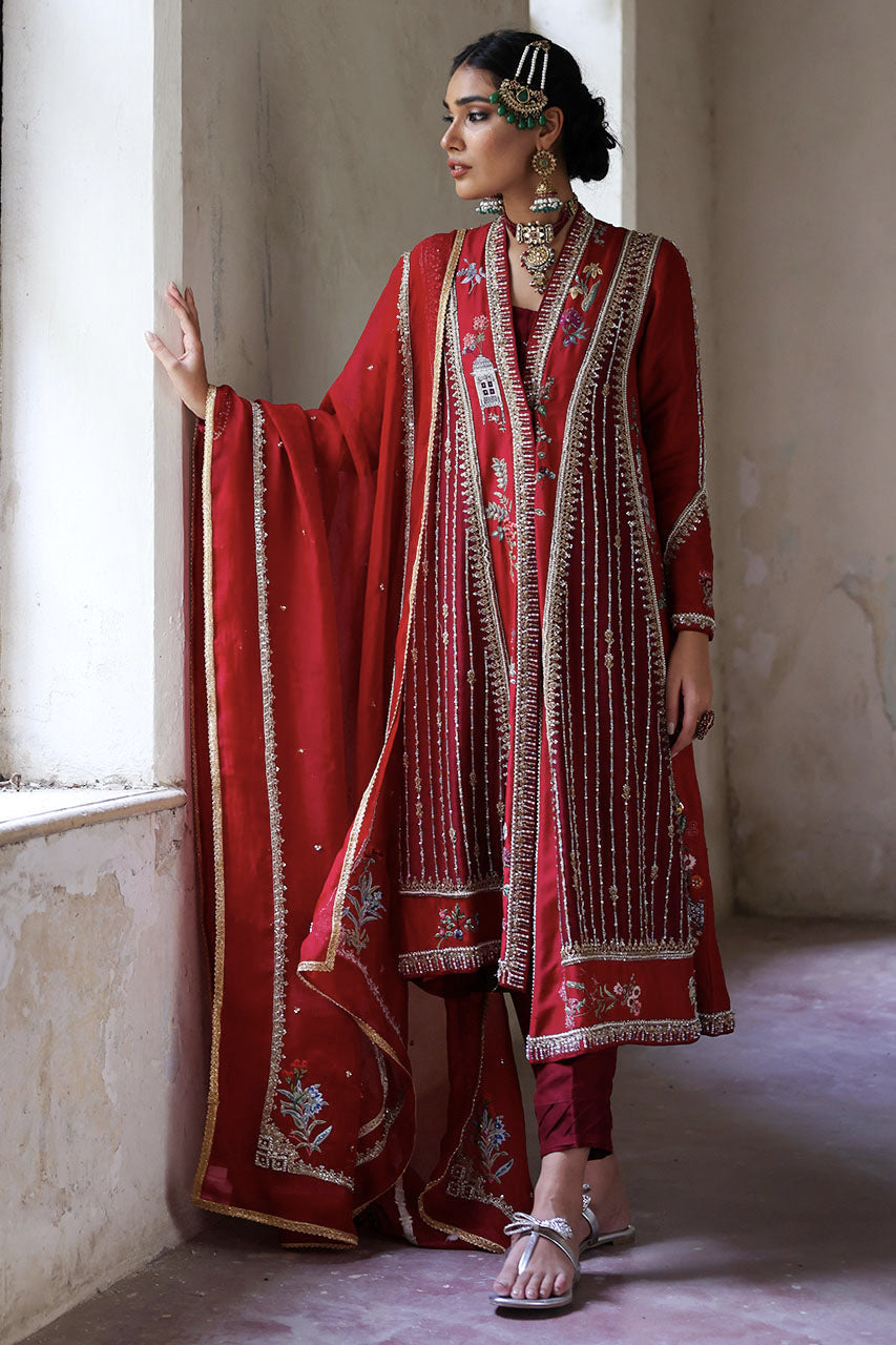 Red Maroon Zardozi Raw Silk Chogha (3-Piece) - Image 5