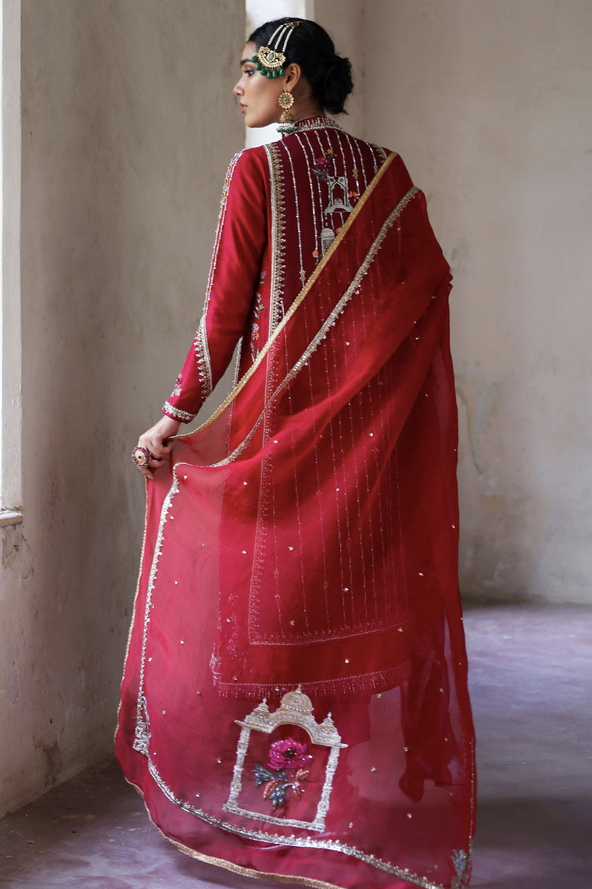 Red Maroon Zardozi Raw Silk Chogha (3-Piece) - Image 6