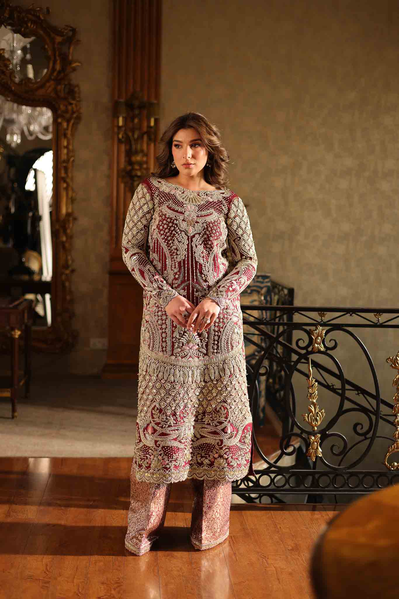 Deep Maroon Embroidered Raw Silk & Jamawar Salwar Kameez (2-Piece) - Image 1