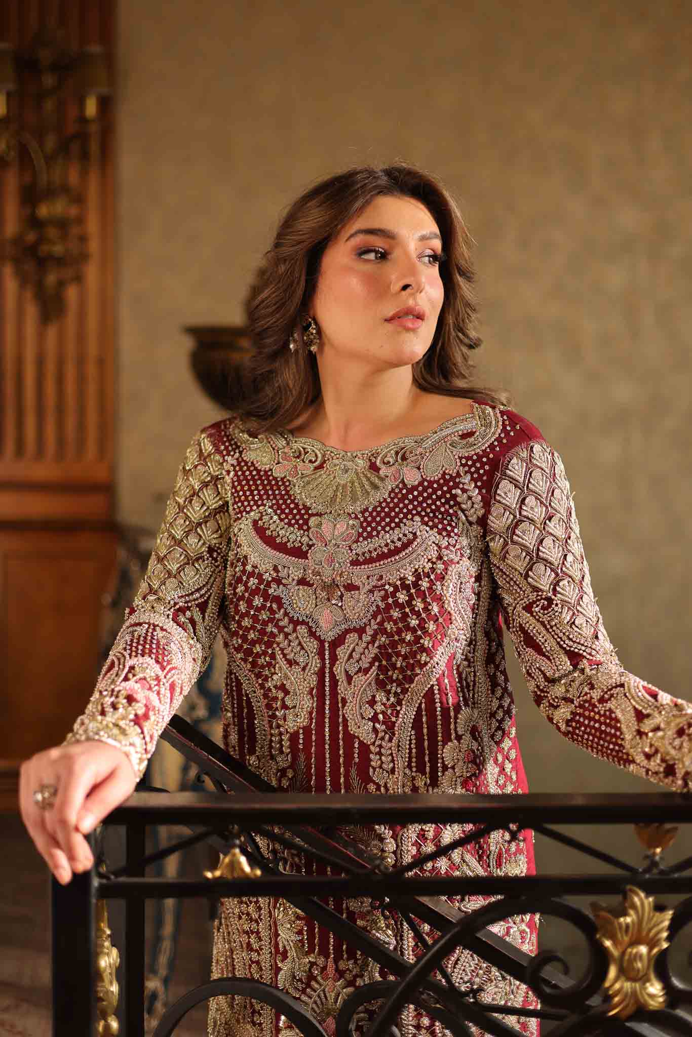 Deep Maroon Embroidered Raw Silk & Jamawar Salwar Kameez (2-Piece) - Image 10