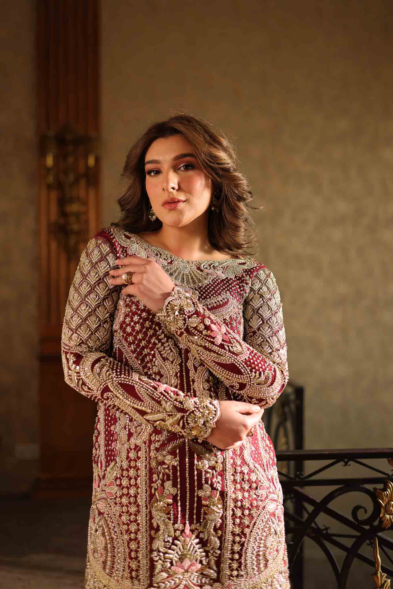 Deep Maroon Embroidered Raw Silk & Jamawar Salwar Kameez (2-Piece) - Image 2