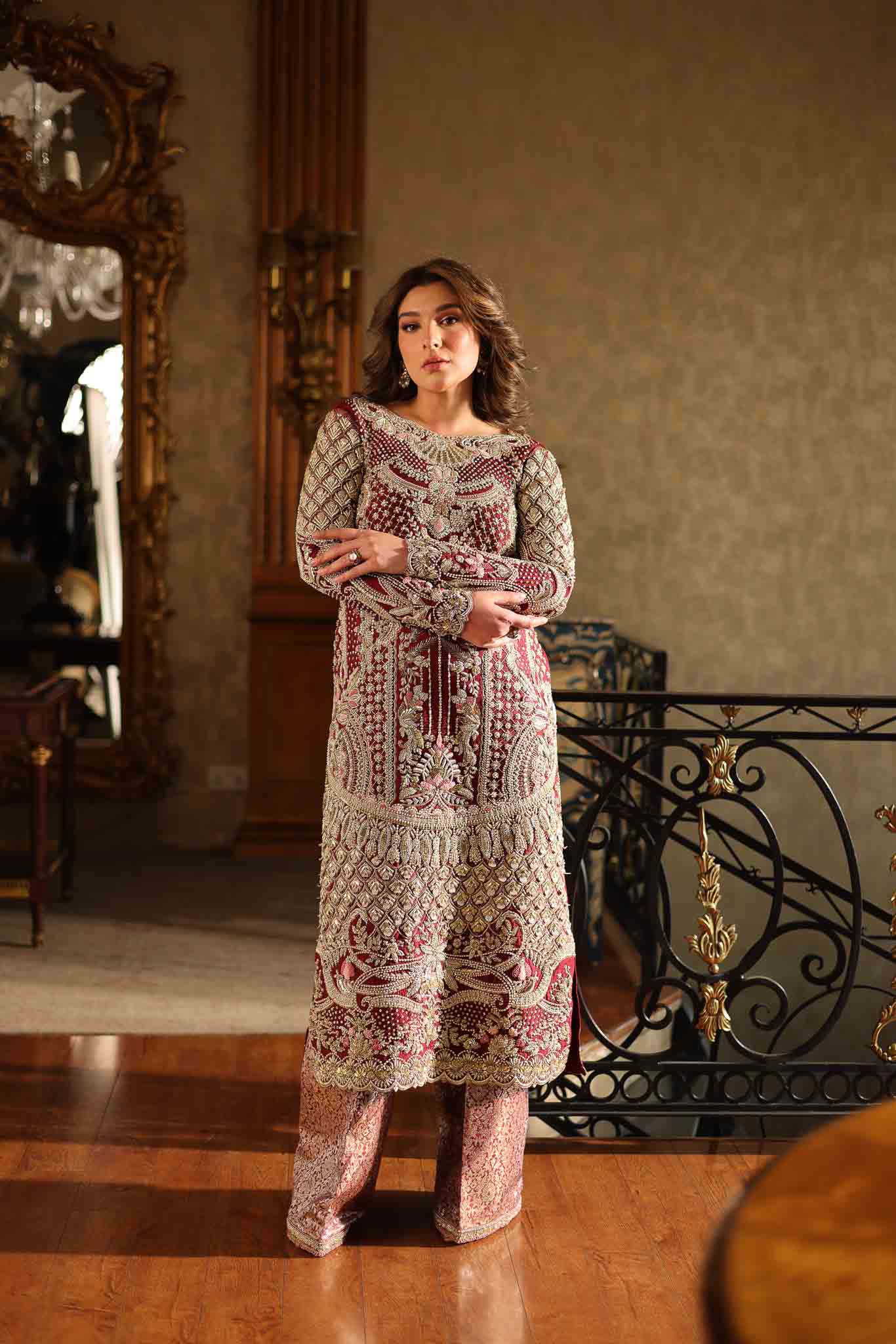 Deep Maroon Embroidered Raw Silk & Jamawar Salwar Kameez (2-Piece) - Image 3