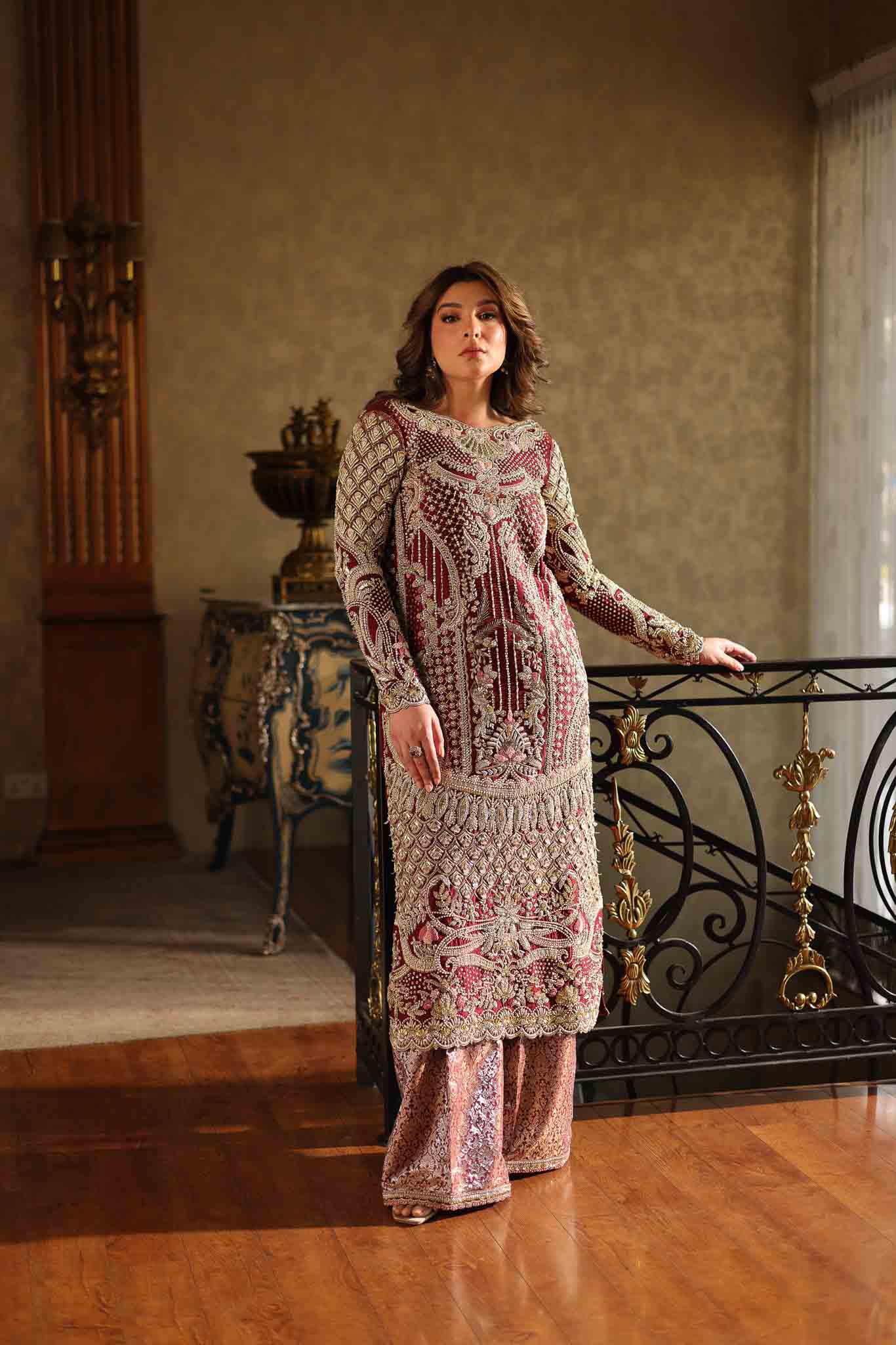 Deep Maroon Embroidered Raw Silk & Jamawar Salwar Kameez (2-Piece) - Image 7