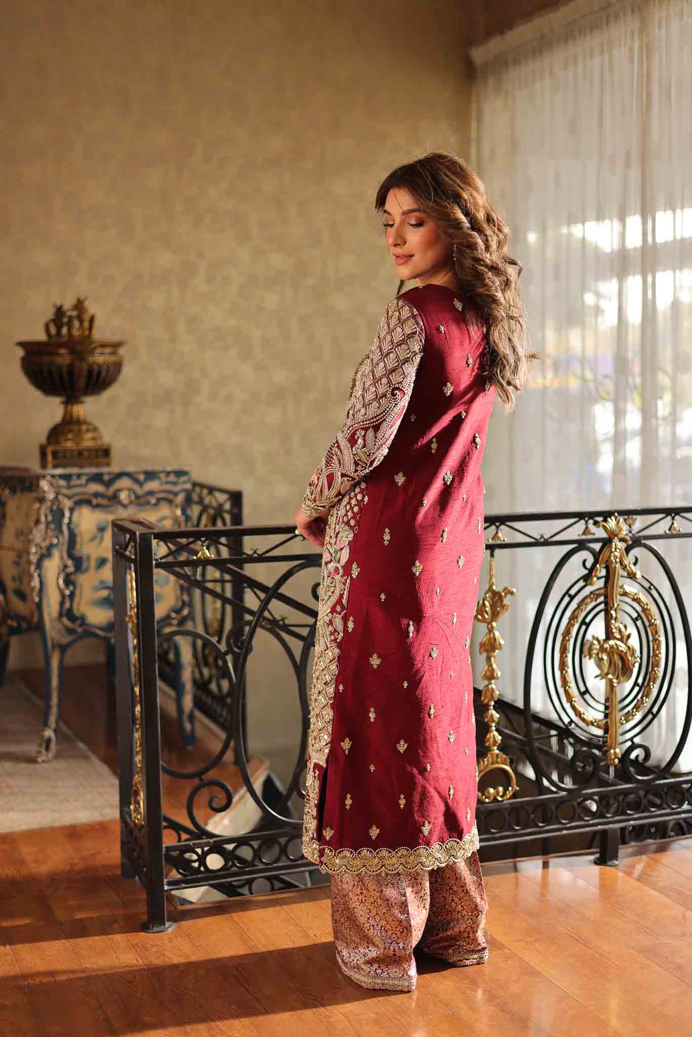 Deep Maroon Embroidered Raw Silk & Jamawar Salwar Kameez (2-Piece) - Image 8