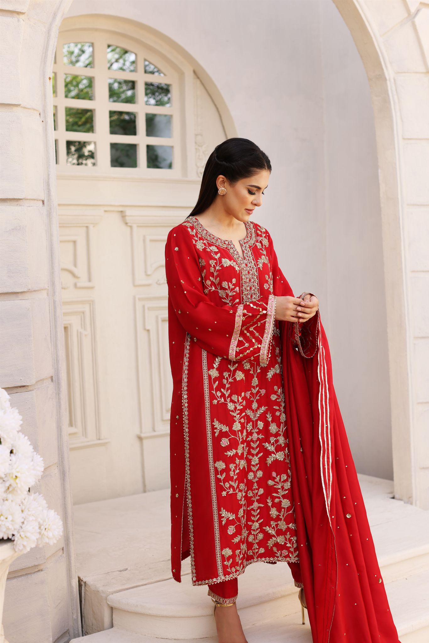 Pakistani Maroon Zari Zardozi Raw Silk Salwar Kameez (3-Piece) - Image 4