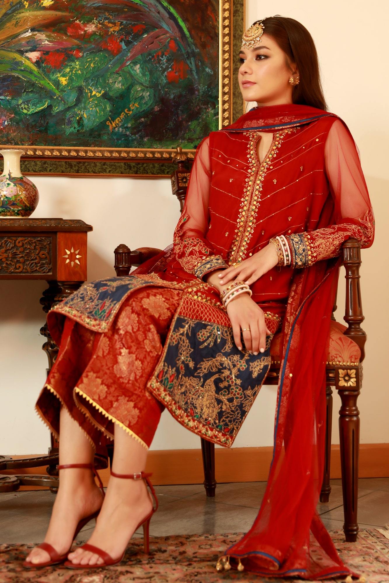 Pakistani Maroon Zardozi & Aari Raw Silk Salwar Kameez (3-Piece) - Image 4