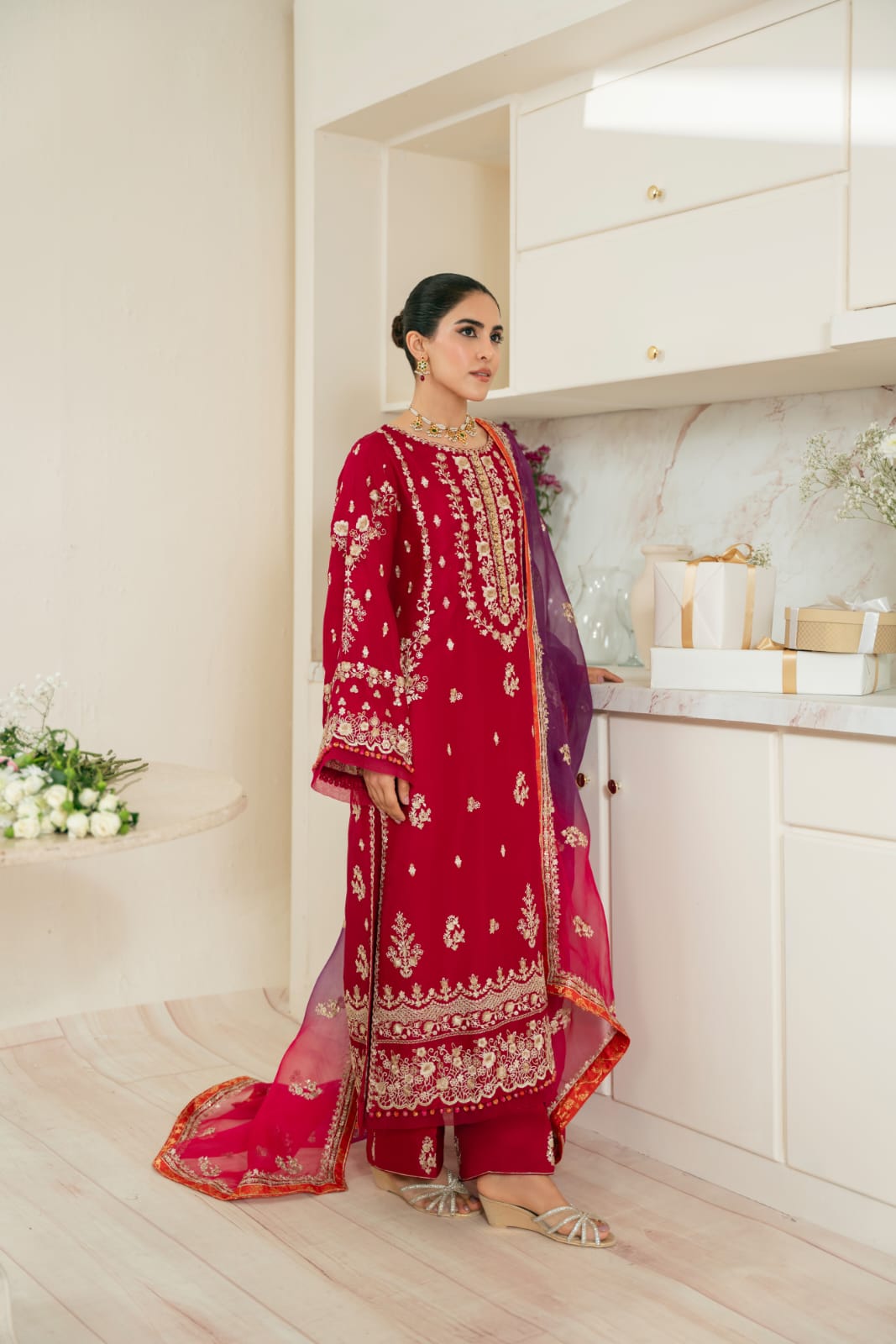 Dark Maroon Embroidered Silk Kameez (3-Piece) - Image 2