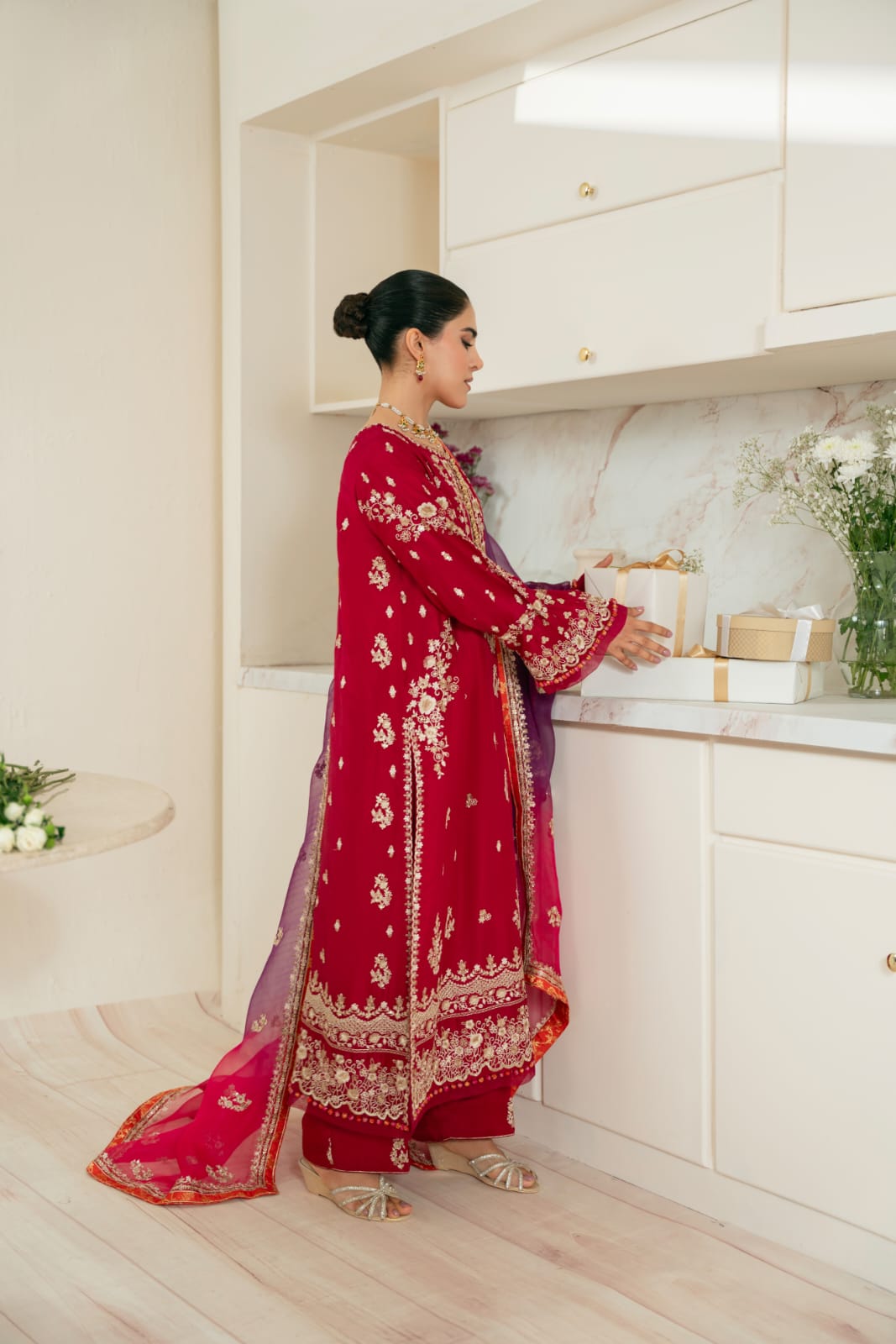 Dark Maroon Embroidered Silk Kameez (3-Piece) - Image 3