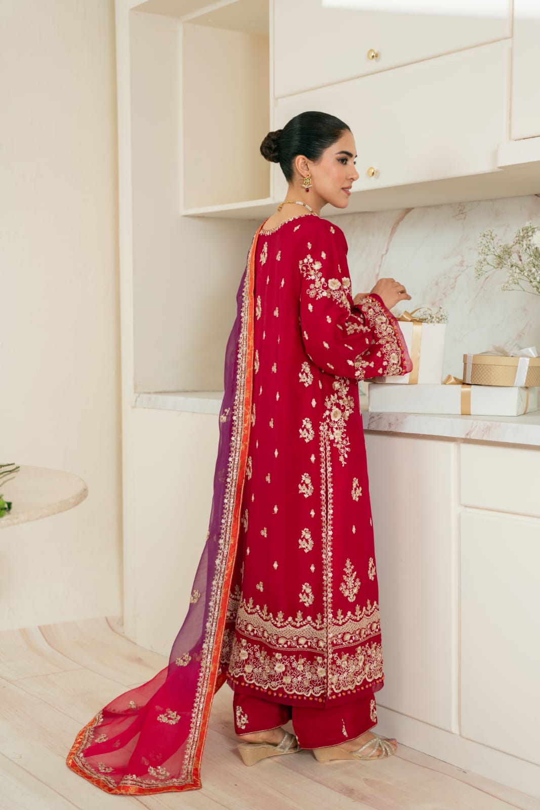 Dark Maroon Embroidered Silk Kameez (3-Piece) - Image 6