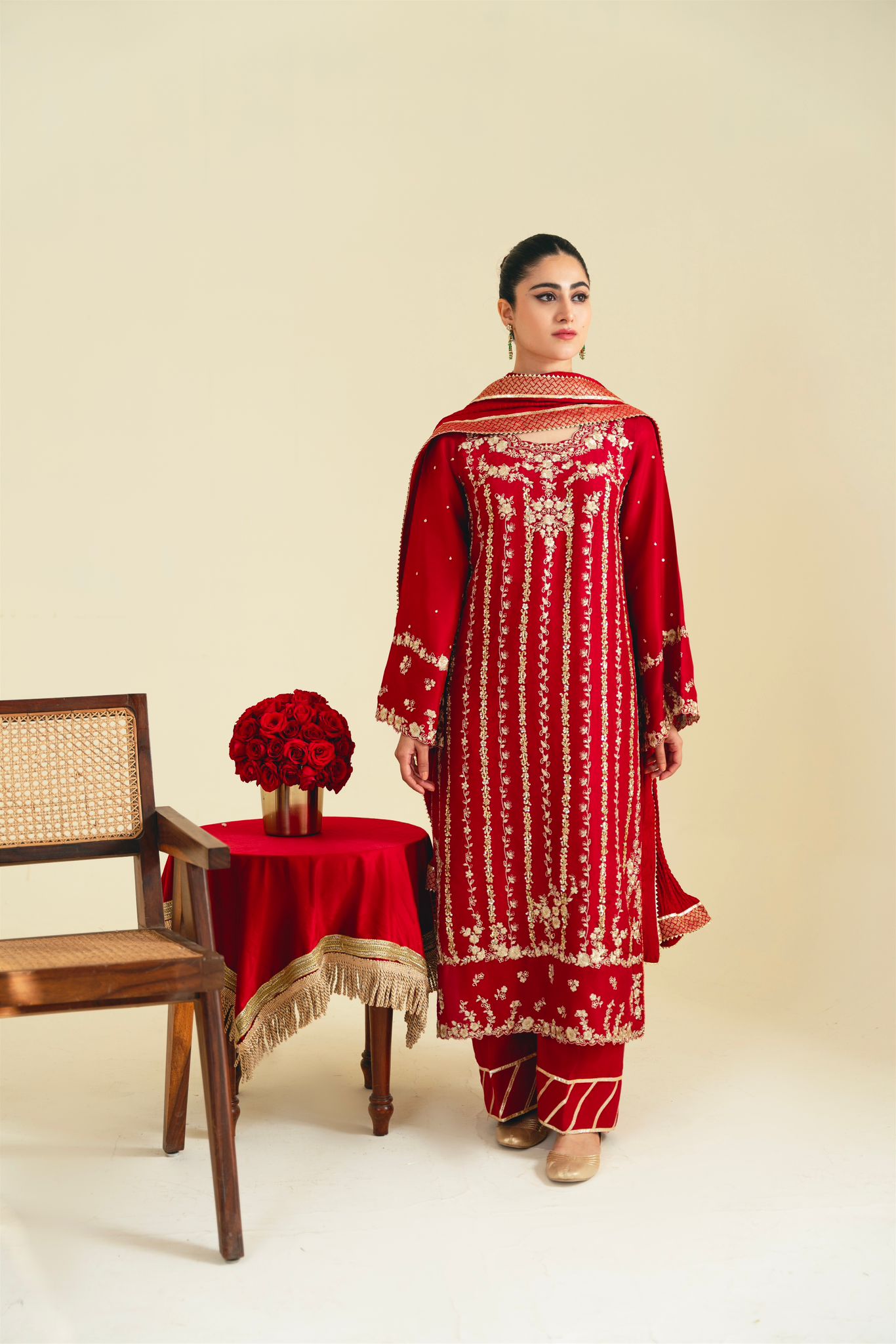 Pakistani Maroon Zari Embroidered Pure Raw Silk Salwar Kameez (3-Piece) - Image 1