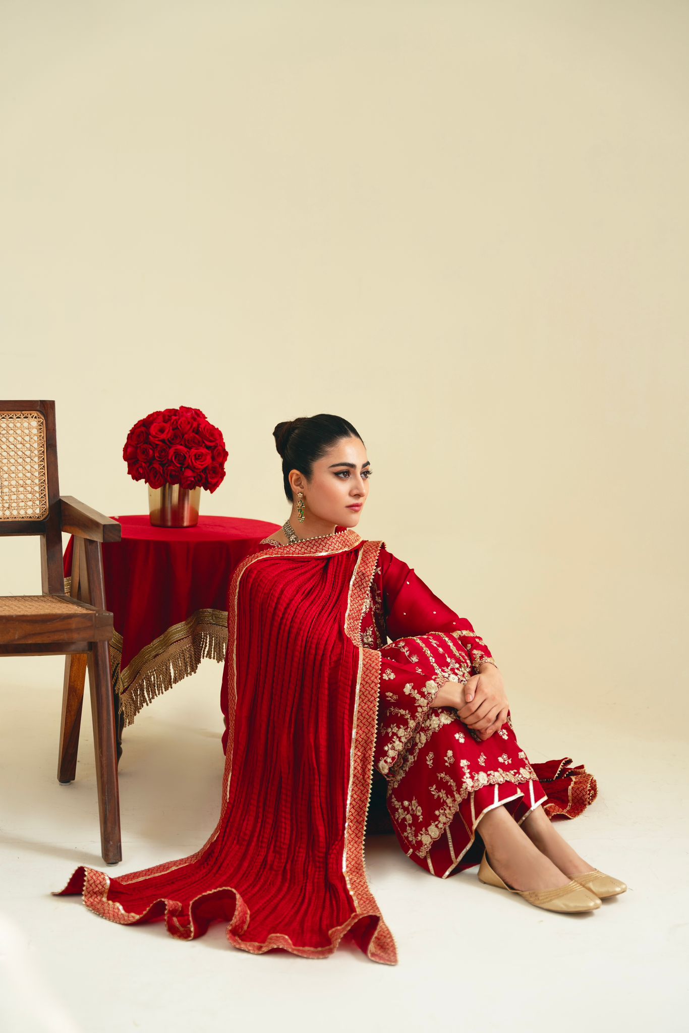 Pakistani Maroon Zari Embroidered Pure Raw Silk Salwar Kameez (3-Piece) - Image 2