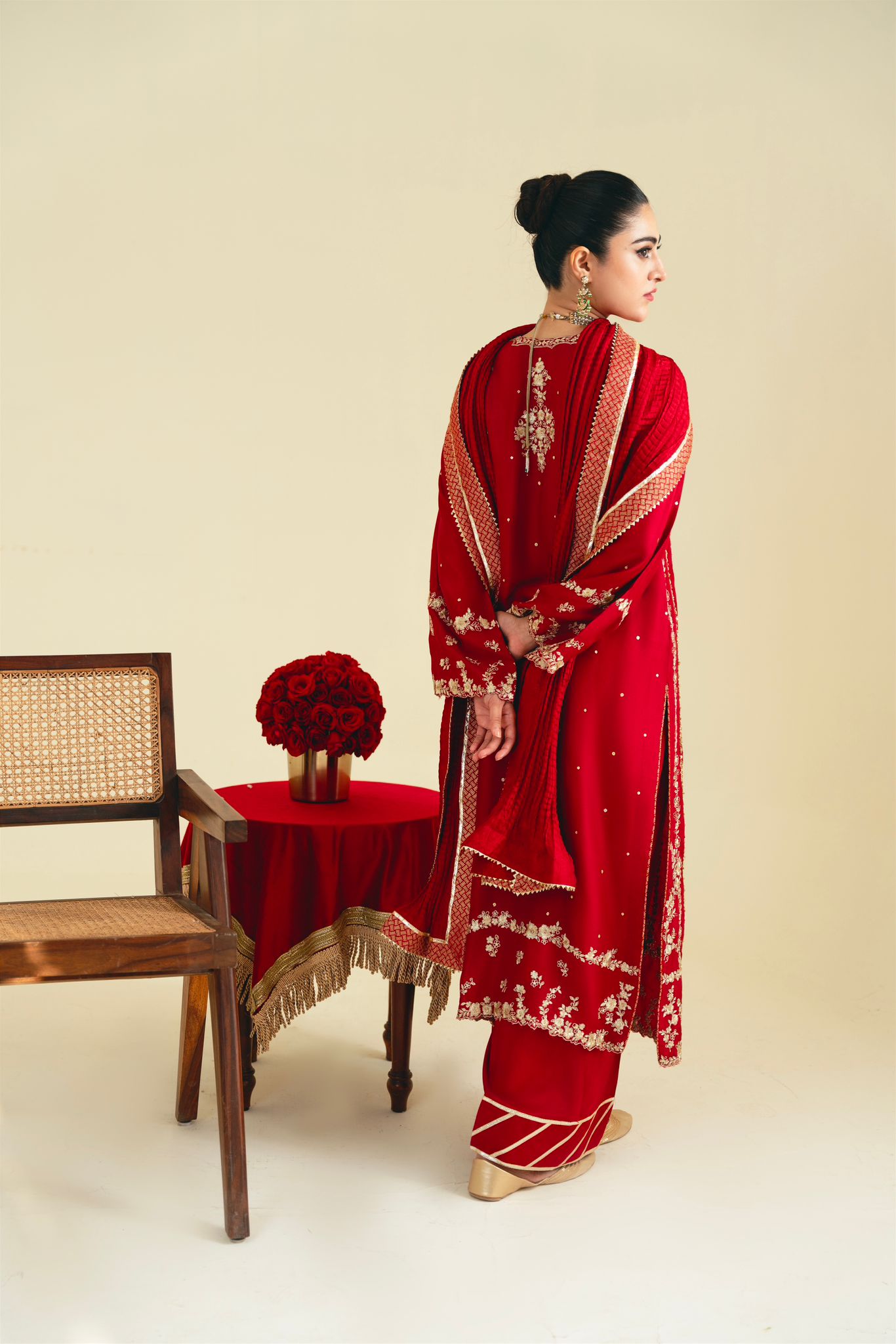 Pakistani Maroon Zari Embroidered Pure Raw Silk Salwar Kameez (3-Piece) - Image 3