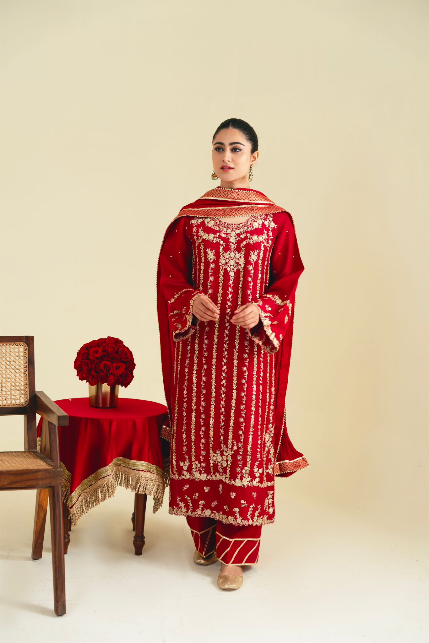 Pakistani Maroon Zari Embroidered Pure Raw Silk Salwar Kameez (3-Piece) - Image 4