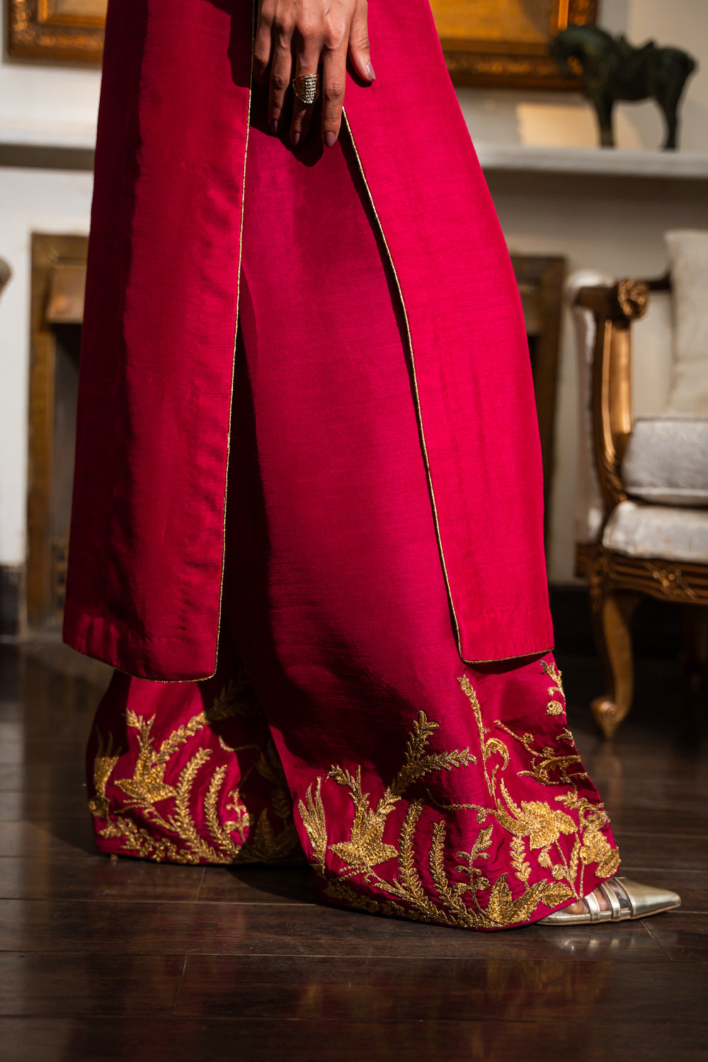 Deep Crimson Embroidered Korean Raw Silk Salwar Kameez (3-Piece) - Image 4