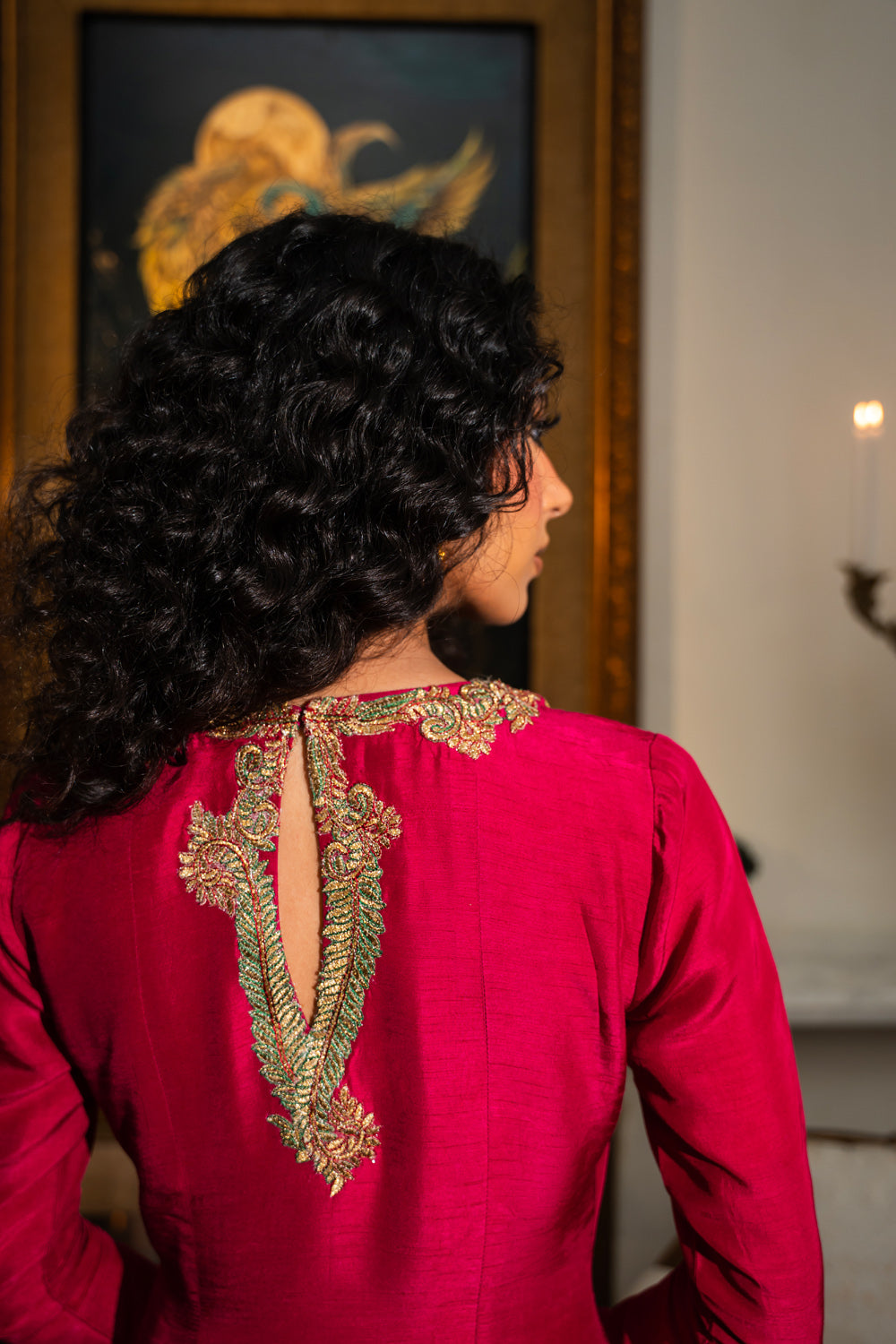 Deep Crimson Embroidered Korean Raw Silk Salwar Kameez (3-Piece) - Image 5