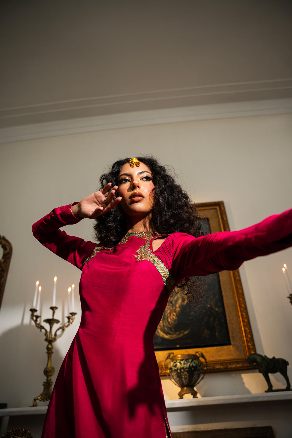 Deep Crimson Embroidered Korean Raw Silk Salwar Kameez (3-Piece) - Image 6