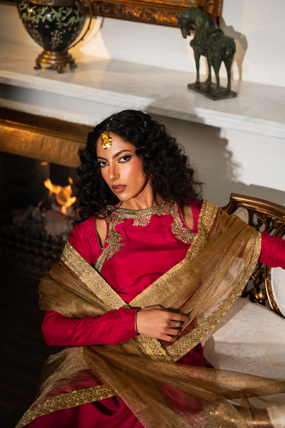 Deep Crimson Embroidered Korean Raw Silk Salwar Kameez (3-Piece) - Image 7