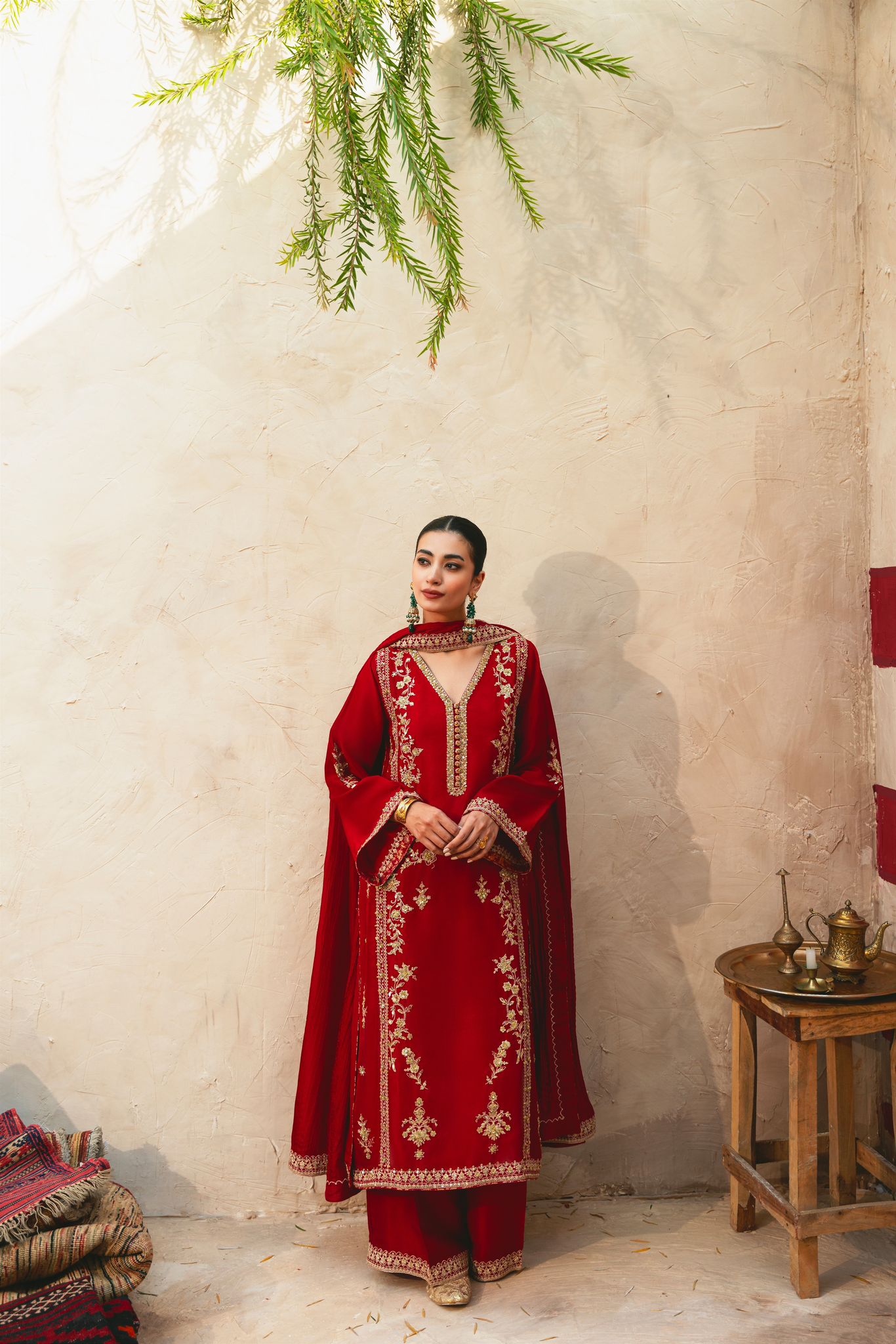 Pakistani Maroon Zari Sequin Pure Raw Silk Salwar Kameez (3-Piece) - Image 1