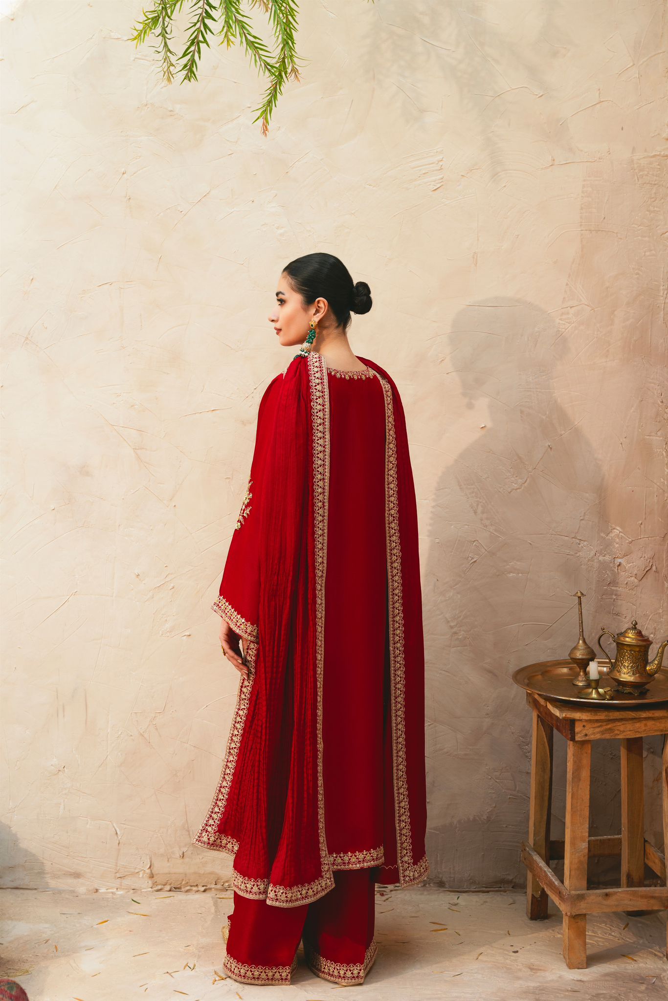 Pakistani Maroon Zari Sequin Pure Raw Silk Salwar Kameez (3-Piece) - Image 2