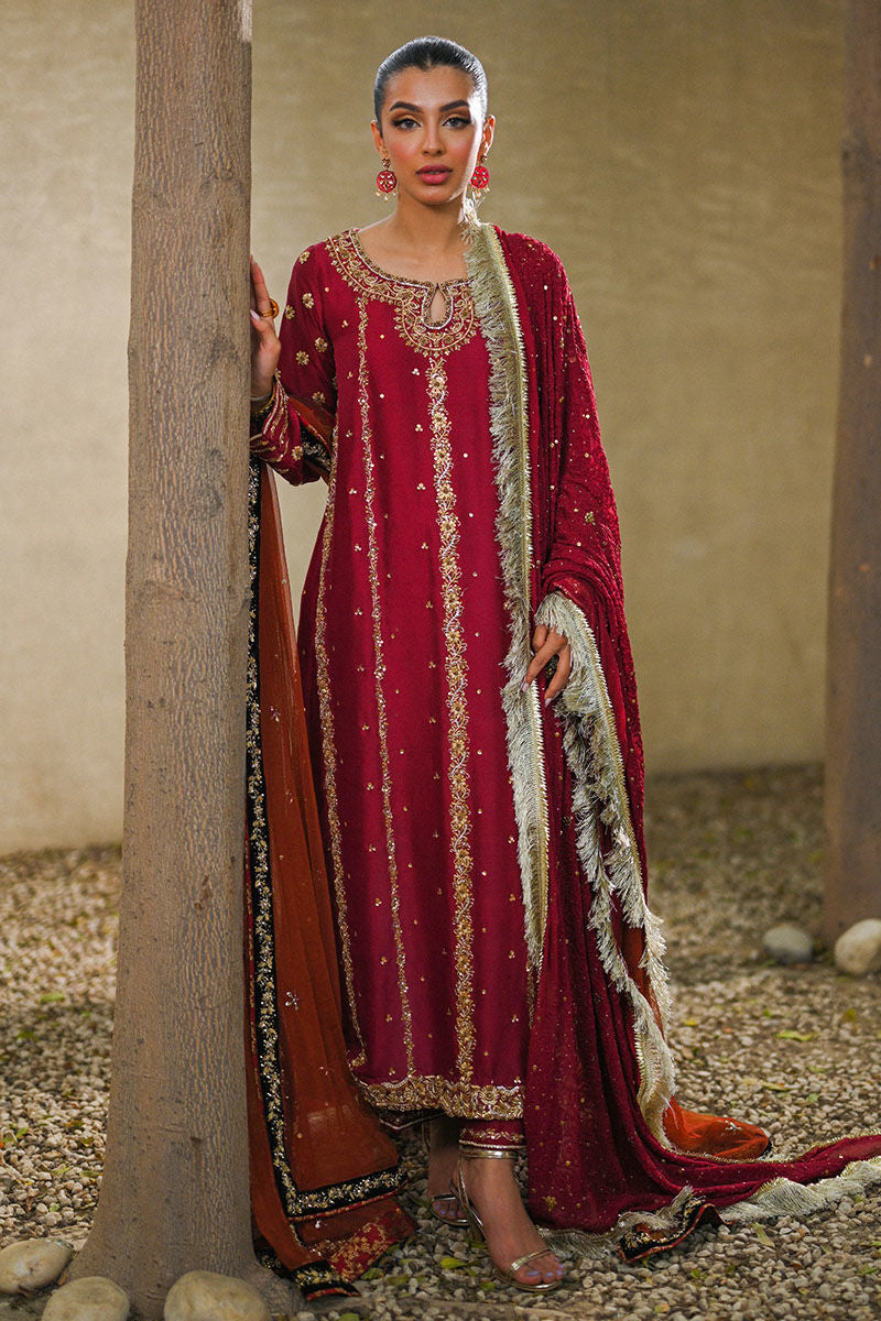 Pakistani Deep Maroon Embroidered Rawsilk Salwar Kameez (3-Piece) - Image 1