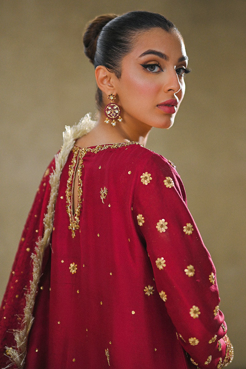 Pakistani Deep Maroon Embroidered Rawsilk Salwar Kameez (3-Piece) - Image 2