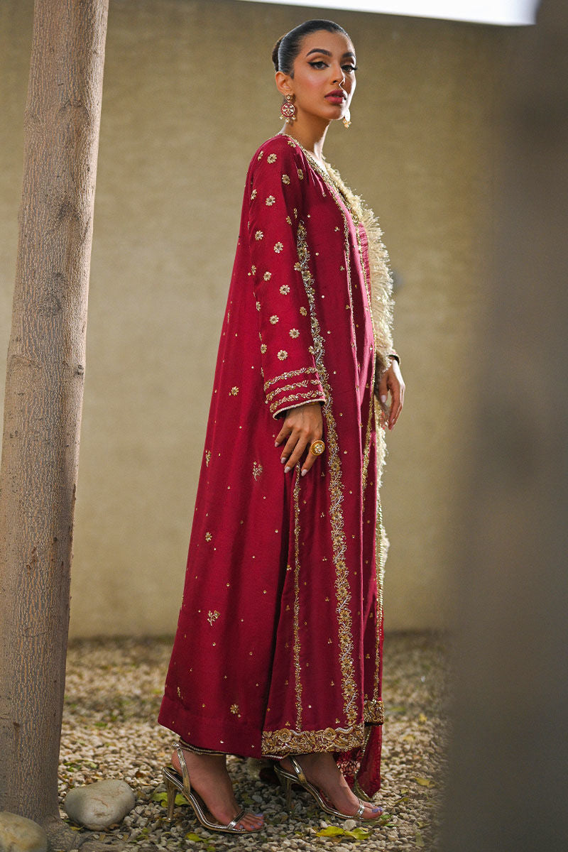 Pakistani Deep Maroon Embroidered Rawsilk Salwar Kameez (3-Piece) - Image 3