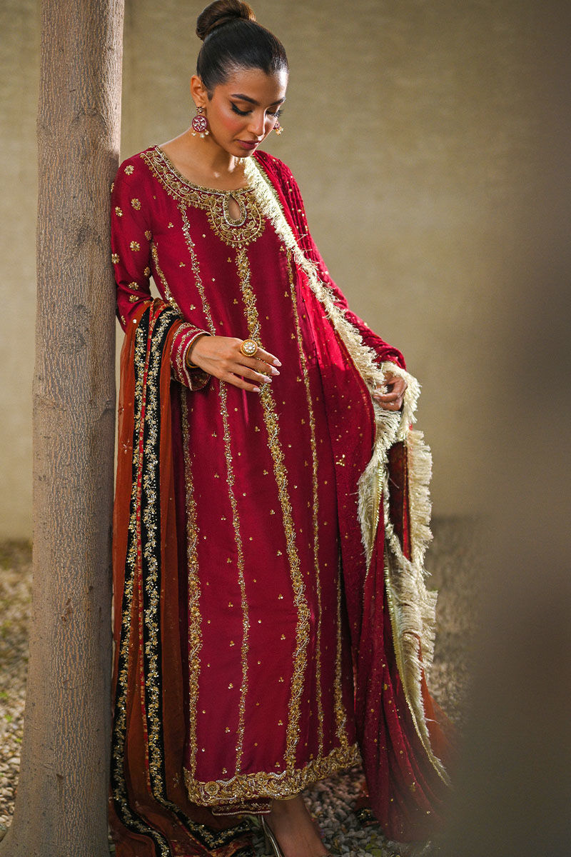 Pakistani Deep Maroon Embroidered Rawsilk Salwar Kameez (3-Piece) - Image 4