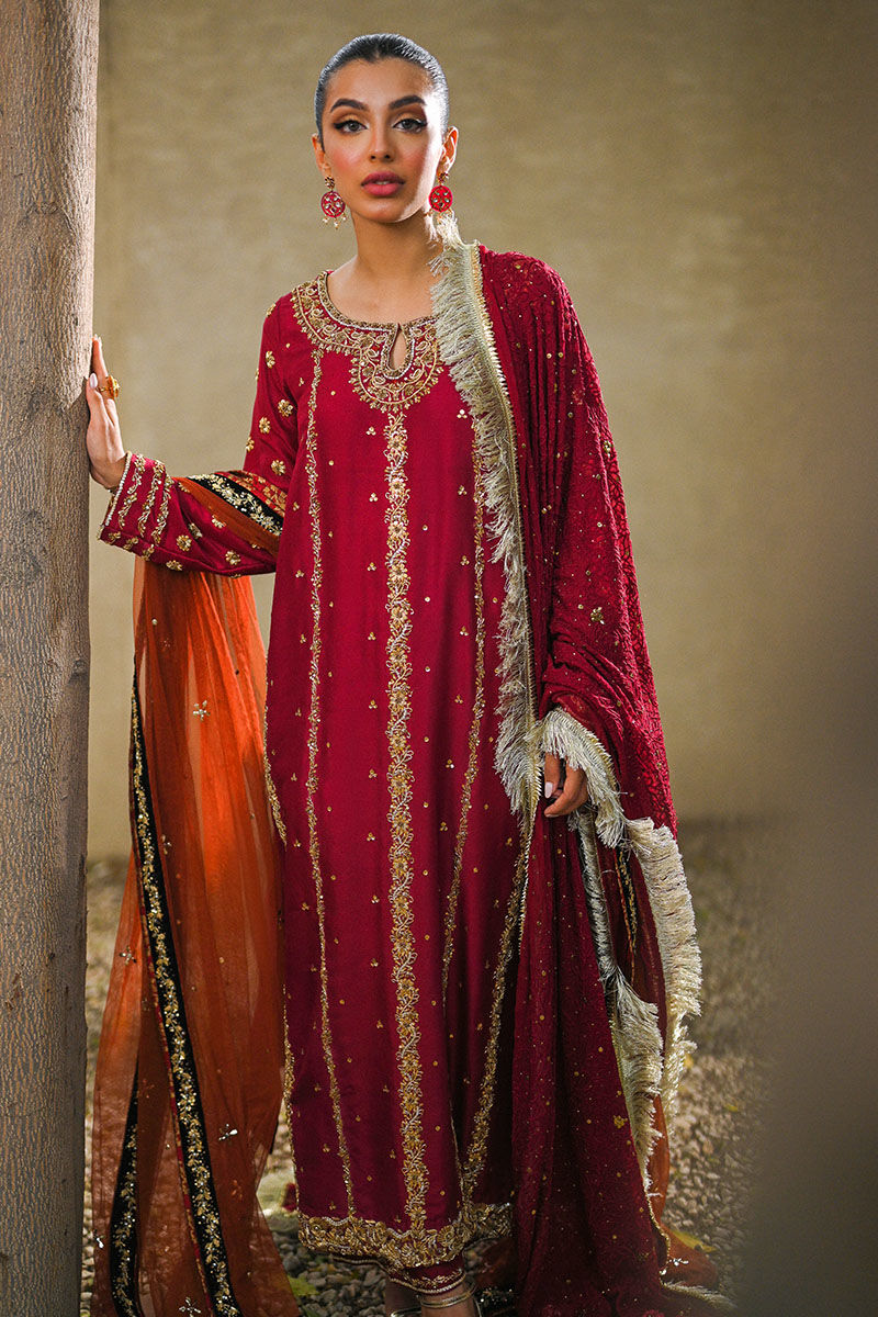 Pakistani Deep Maroon Embroidered Rawsilk Salwar Kameez (3-Piece) - Image 5