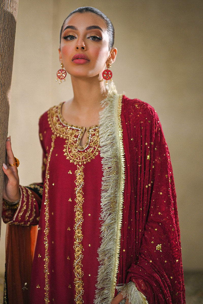 Pakistani Deep Maroon Embroidered Rawsilk Salwar Kameez (3-Piece) - Image 6