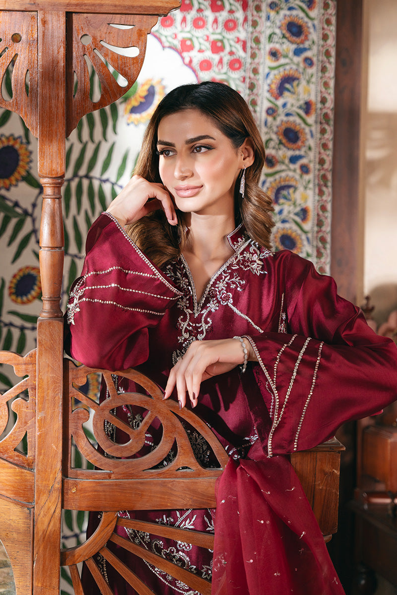 Maroon Embroidered Sheesha Silk Long Shirt (3-Piece) - Image 3