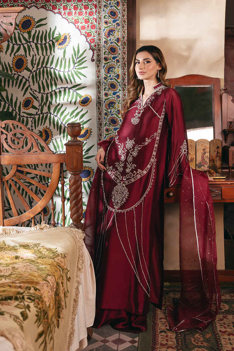 Maroon Embroidered Sheesha Silk Long Shirt (3-Piece) - Image 4