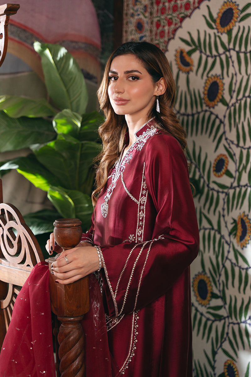 Maroon Embroidered Sheesha Silk Long Shirt (3-Piece) - Image 5