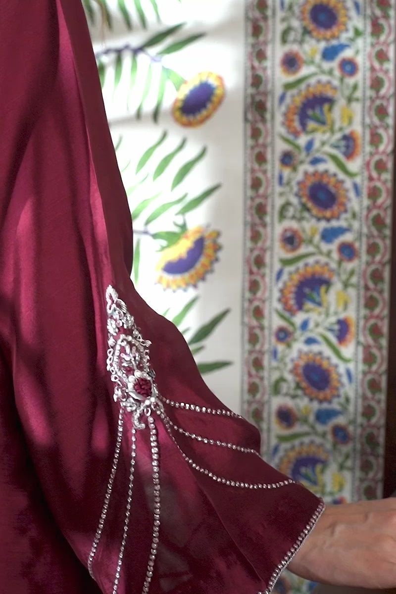 Maroon Embroidered Sheesha Silk Long Shirt (3-Piece) - Image 6