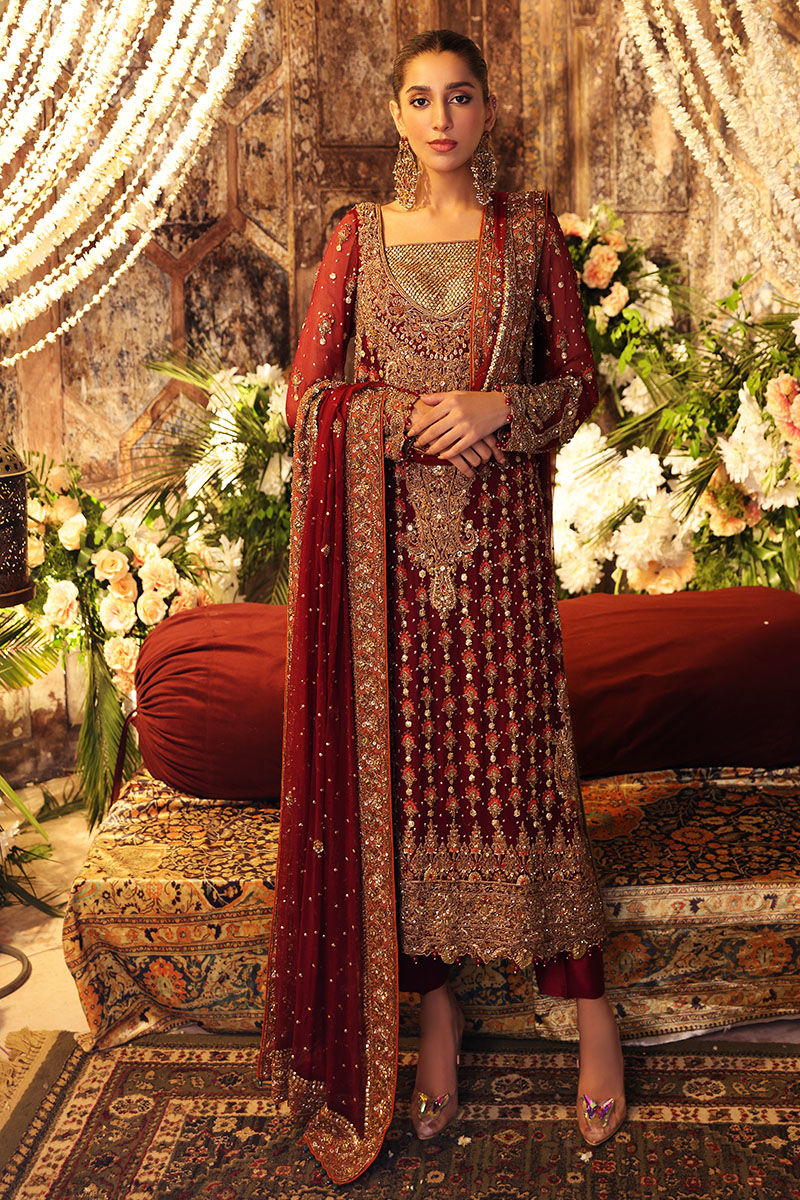 Deep Maroon Embroidered Silk-Blend Long Shirt (3-Piece) - Image 1
