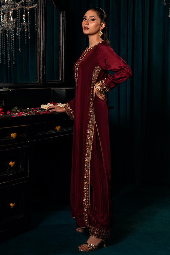 Deep Maroon Embroidered Silk Salwar Kameez (3-Piece) - Image 1