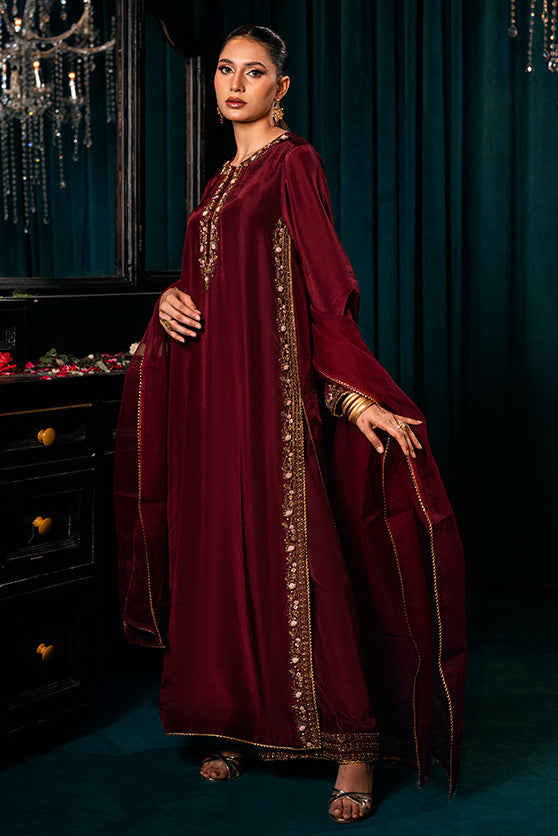 Deep Maroon Embroidered Silk Salwar Kameez (3-Piece) - Image 2