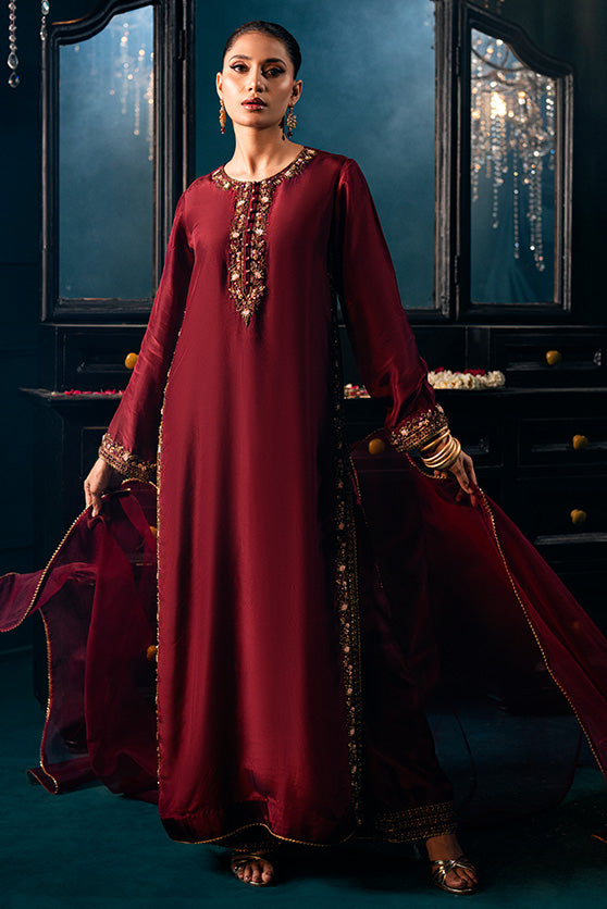 Deep Maroon Embroidered Silk Salwar Kameez (3-Piece) - Image 3
