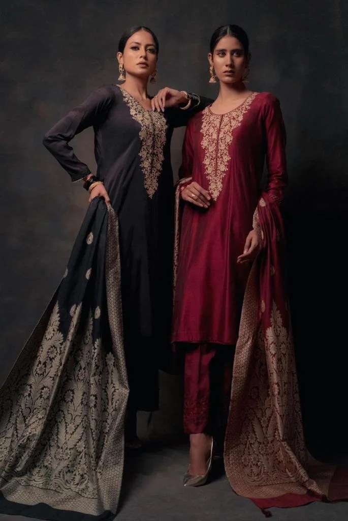 Maroon Gold Embroidered Silk 3-Piece Suit - Image 1