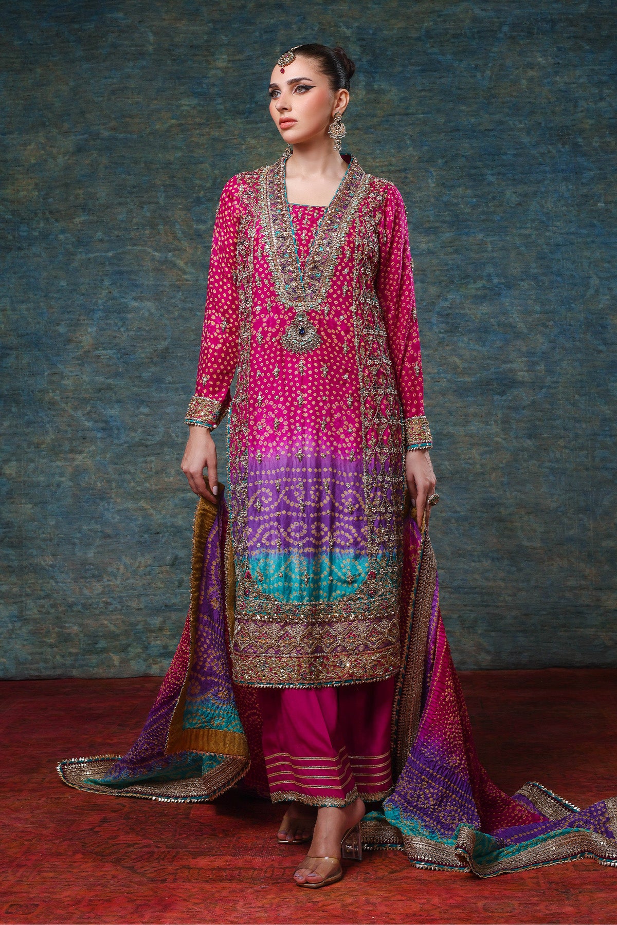 Maroon Purple Gota Naqshi Silk Salwar Kameez (3-Piece) - Image 1